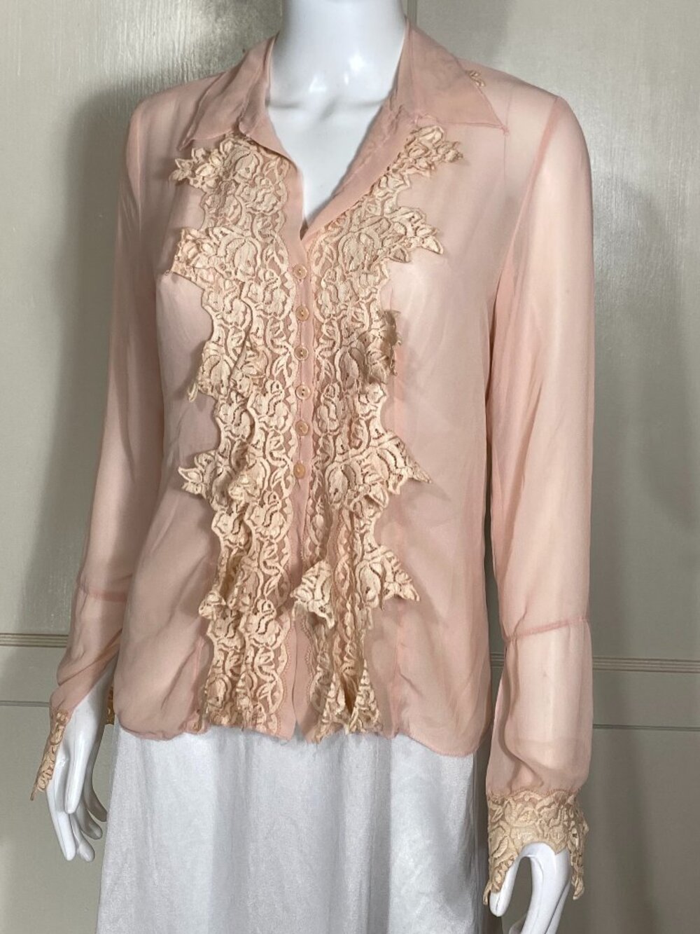 SANDRO Paris Vintage Y2K Pink Sheer Lace Appliqué Blouse Long Sleeve Button Up M